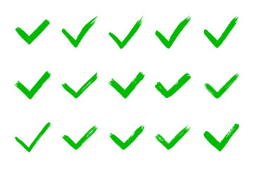 Dirty grunge hand drawn tick v with brush strokes vector illustration set isolated on white background mark graphic design. Check mark symbol YES button for vote in check box, web, etc.