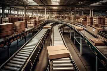 Obraz premium Efficient Logistics: A mesmerizing view of conveyor belts in motion, swiftly sorting parcels with precision and efficiency. Generative Ai