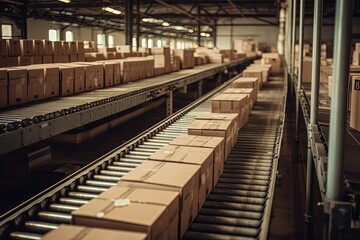 Efficient Logistics: A mesmerizing view of conveyor belts in motion, swiftly sorting parcels with precision and efficiency. Generative Ai