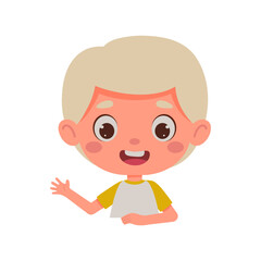 Cute cartoon little boy waving his hand. Little schoolboy character. Template for children design. Vector illustration