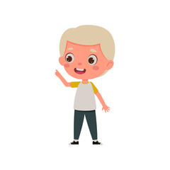 Cute little kid boy with great idea. Template for children design. Cartoon schoolboy character show facial expression. Vector illustration