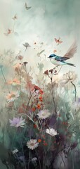 Obraz na płótnie Canvas Nature's Serenade: Vibrant poppies dance amidst a picturesque field, embraced by the whimsical flutter of butterflies and the enchanting melodies of birds. Generative Ai