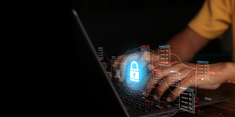 Businessman working on laptop with virtual screen. Online documentation database, IT consultant being set up Virtual Document Management System with a laptop, Software for archiving corporate files.