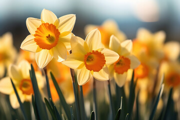 Beautiful daffodil flowers blooming on spring day, closeup - obrazy, fototapety, plakaty