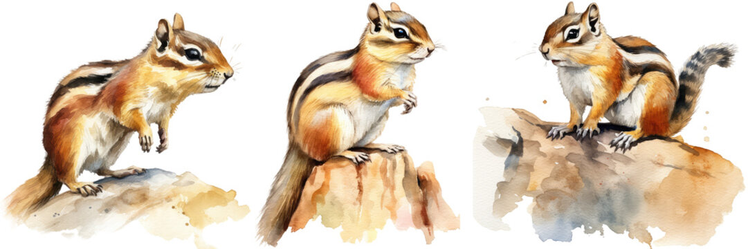 Collection of three watercolour paintings of a chipmunk isolated on white background as transparent PNG, generative AI animal clipart bundle