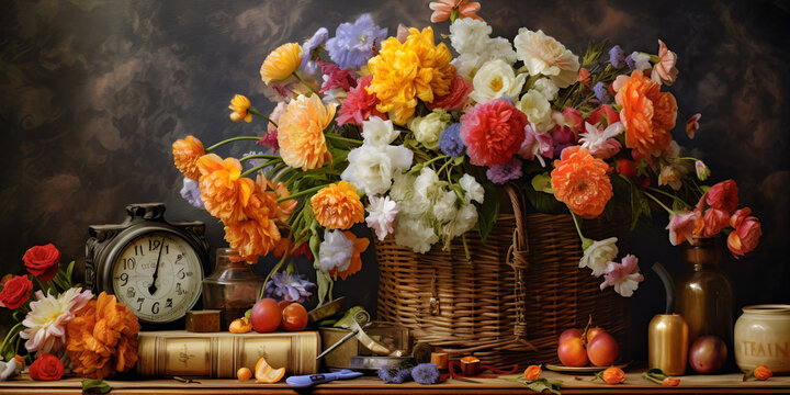 Still life with chrysanthemums
Chrysanthemums in a basket
Wooden shelf with flowers AI Generated