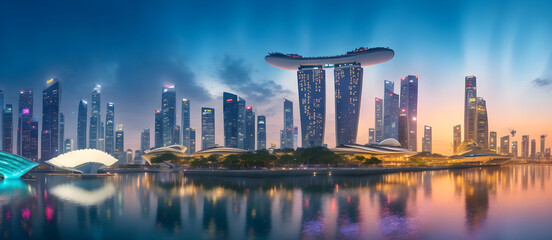Naklejka premium Cityscape: Illuminated Shores - A Futuristic Symphony of Light and Reflection Landscape
