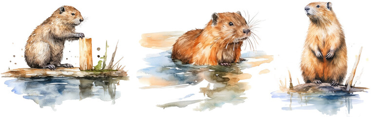 Collection of three watercolour illustrations of a beaver isolated on white background as transparent PNG, generative AI animal clipart bundle - obrazy, fototapety, plakaty