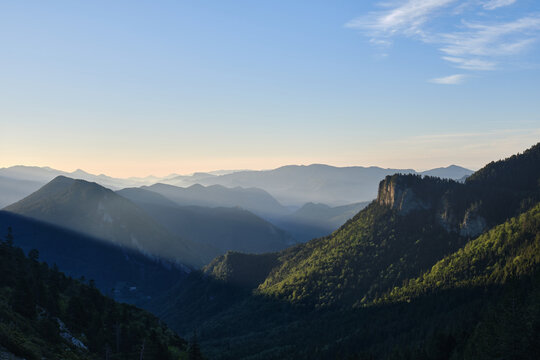 sunrise between mountains in the natural park of Cad&iacute;-Moixer&oacute; pre-Pyrenees, Catalonia, Spain