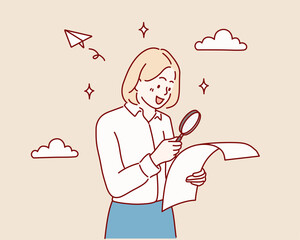 woman searching for something, looking left through magnifying glass and smiling pleased, investigating. Hand drawn style vector design illustrations.