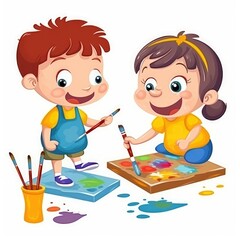 Cartoon kids painting in the school. Generative AI