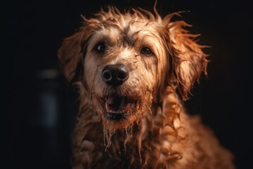 Fototapeta premium Beautiful dog in small pool with water. Generative AI