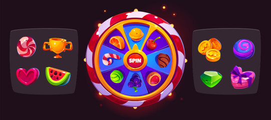 Fortune game spin wheel and set of prize icons isolated on black. Vector illustration of casino roulette decorated with lights, fruit, chocolate candy, gift box, golden coins, trophy cup, gem stone - obrazy, fototapety, plakaty