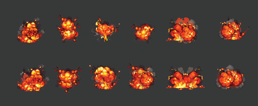 Cartoon dynamite or bomb explosion, fire set. Boom clouds and smoke elements for ui game design. Dangerous explosive detonation, atomic comics detonators for mobile animation, isolated vector icons
