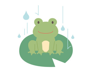 Rain day. A cute frog on a lotus leaf. Simple illustration in flat design style.
