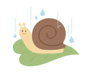 Rain day. Cute snail on the leaf. Simple illustration in flat design style.