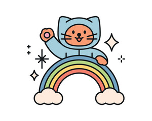 Rain day. A cat in a raincoat is saying hello on a rainbow. A cute and simple illustration with a thick outline.