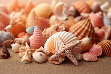 Fototapeta na wymiar Different sea shells on beige background, closeup