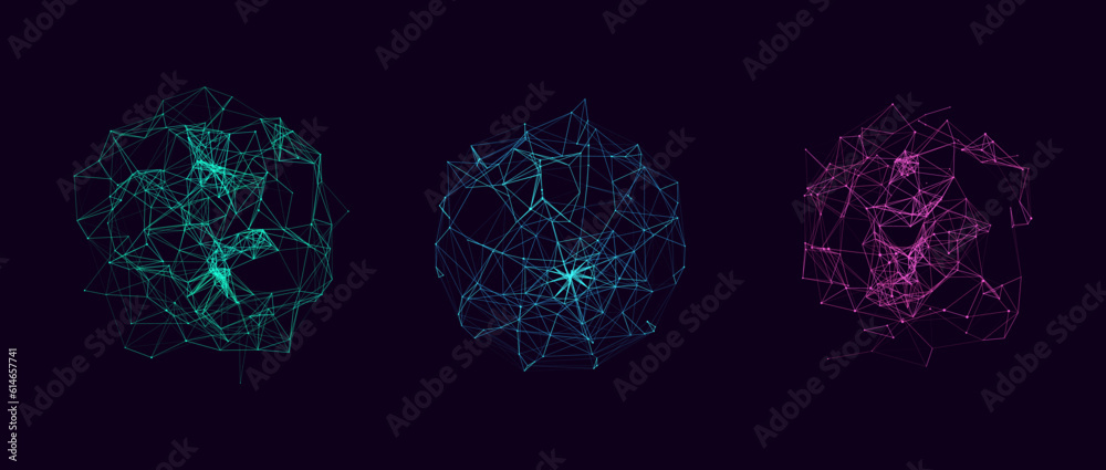  set of abstract colorful spheres from points and lines on dark background. network connection struct
