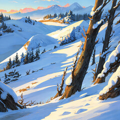 겨울 산, 눈 덮인 숲 속 풍경, 정사각형 비율-Winter mountains, snowy forest scenes, Square Ratio