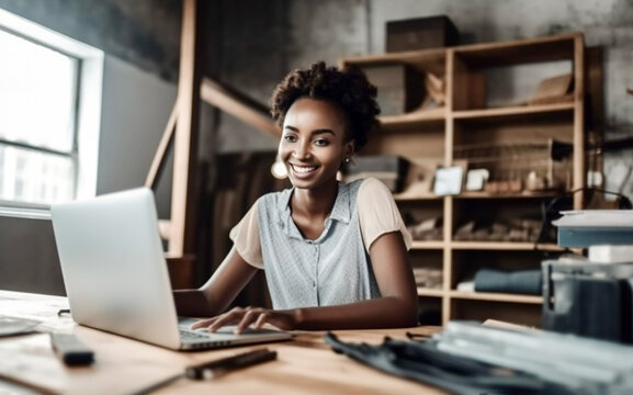 Beautiful young african woman working on a computer and smiling while standing in a workshop. Reply by email. Online store. Generative AI