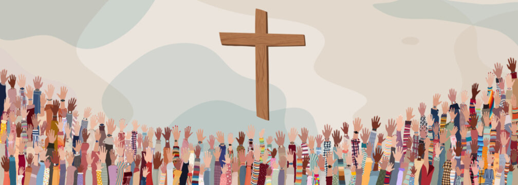 Group many Christians people with raised hands praying or singing.Christianity in the world.Christian worship.Concept of faith and hope in Jesus Christ.Background with wooden crucifix
