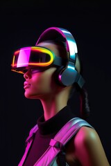 Futuristic female fashion: a magenta eyewear & headphones-wearing woman embracing technology