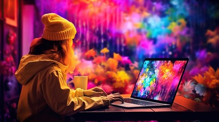 Fototapeta premium Modern woman working, focused on tablet device at cozy indoor desk: laptop, computer, person, clothing, sitting, typing