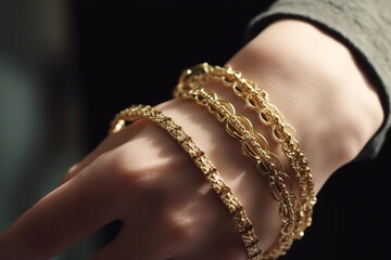 Gold bracelets on the hands. AI Generated