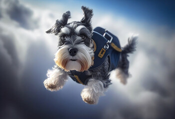 Miniature Schnauzer jumping with a parachute. AI Generated