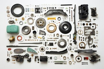 Disassembled car parts on white background Generative AI