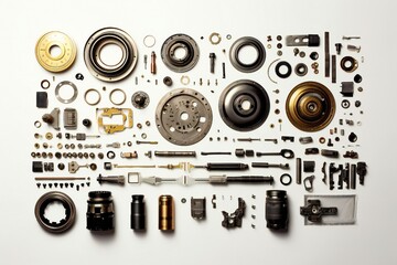 Obraz premium Disassembled car parts on white background Generative AI