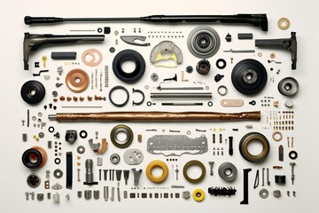 Fototapeta premium Disassembled car parts on white background Generative AI