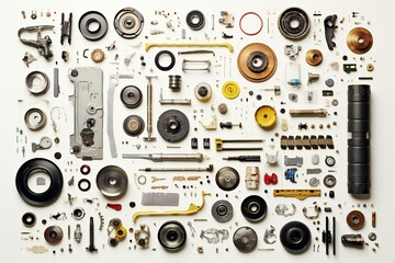 Disassembled car parts on white background Generative AI