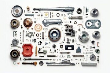 Fototapeta premium Disassembled car parts on white background Generative AI