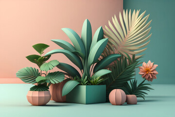 3D Tropical Plant and Flower Background in colorful pastle, Photo generative Ai