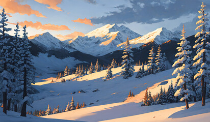 겨울 산, 눈 덮인 숲 속 풍경, 가로 비율 Winter mountains, snowy woodland landscape, aspect ratio