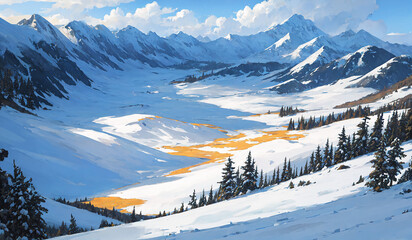겨울 산, 눈 덮인 숲 속 풍경, 가로 비율 Winter mountains, snowy woodland landscape, aspect ratio