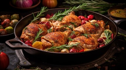 Pollo alla Cacciatora in a cast iron skillet, surrounded by fresh ingredients such as pepper, rosemary, and onions
