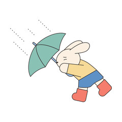 Rainy Day. A rabbit is walking against a strong wind with a strong umbrella. Simple illustration with outlines.