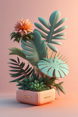 3D Tropical Plant and Flower Background in colorful pastle, Photo generative Ai