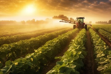 Tractor spraying pesticides on a field of sunflowers at sunrise, Generative AI