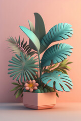 3D Tropical Plant and Flower Background in colorful pastle, Photo generative Ai