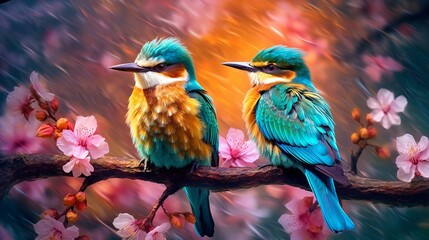 Couple of European bee-eater sitting on a branch with flowers, Generative AI