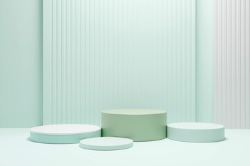 Platform pastel green Minimal scene with abstract geometric circle podium for trade shows of cute items, children's items, fashion, cosmetics or beauty products. 3D rendering