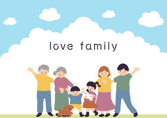 3世代家族　青空背景