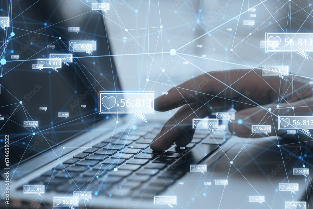 Poster Concept of network and internet communication. Close up of male hands using laptop keyboard with creative polygonal likes network on blurry background. Double exposure.