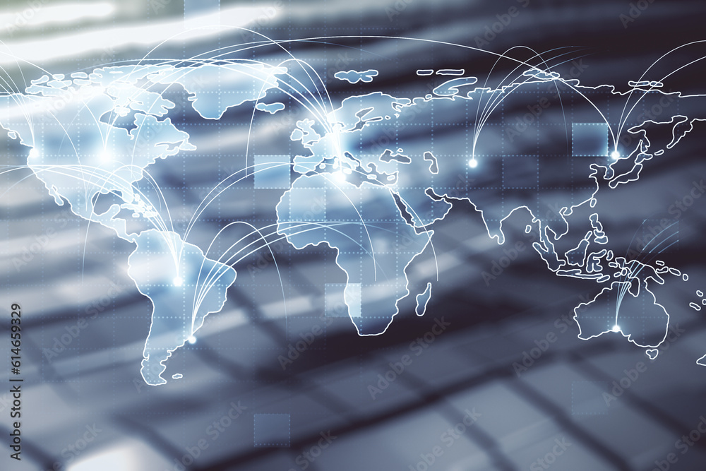Poster abstract graphic digital world map hologram with connections on abstract metal background, globaliza