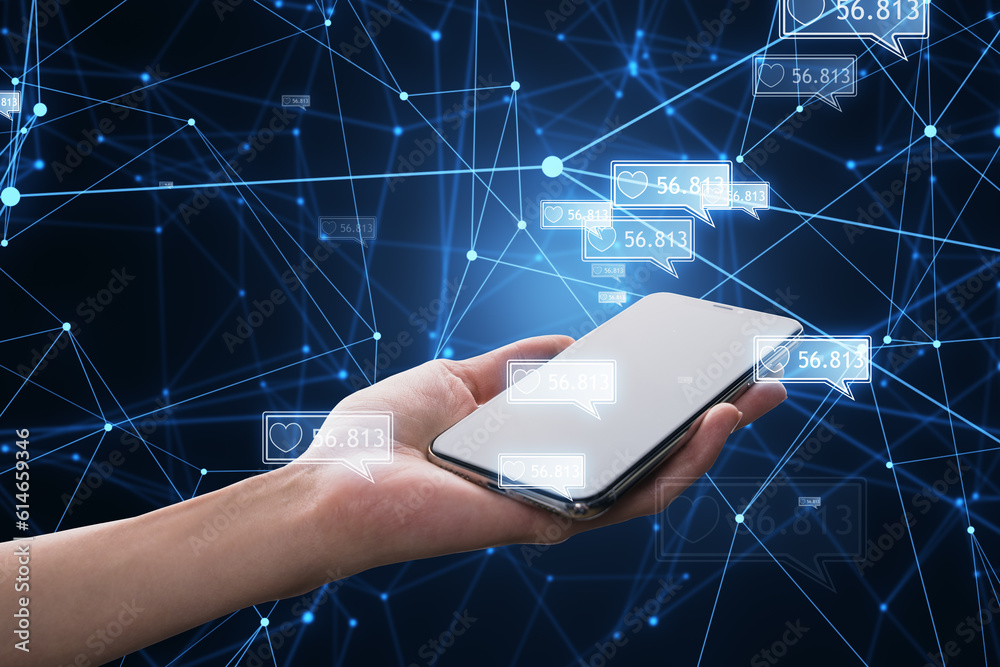 Poster concept of network and internet communication. close up of female hand holding mobile phone with cre