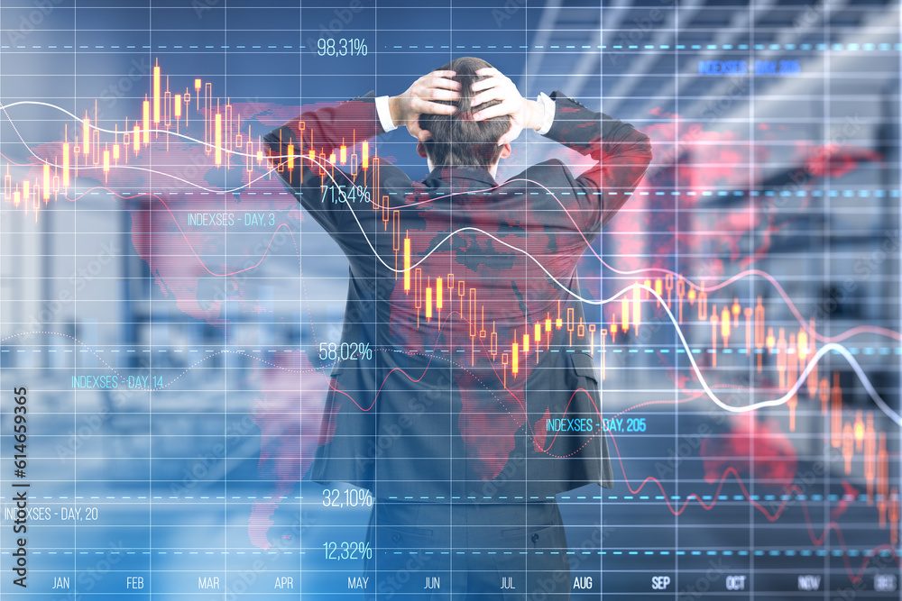 Poster economy recession and crisis concept with confused trader back view looking at digital falling down 